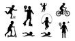 © Mr. Png - Silhouette figures of children engaged in various sports activities, including soccer, skating, cycling, jumping rope, swimming, scooting, and playing badminton.