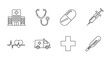 © Mr. Png - A collection of eight black linear medical icons including a hospital, stethoscope, pill, syringe, heart rate, ambulance, cross, and thermometer.