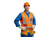 © Almuch - Smiling construction worker wearing a blue uniform orange safety vest and hard hat with tool belt isolated on transparent background