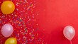 © DEER FLUFFY - Colorful Celebration. Balloons and Confetti on a Red Textured Surface, A Festive Layout.