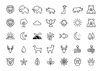 Naklejka na meble Nature and animal outline icon pack. Vector illustration set with symbols of wildlife, plants, weather, and the natural world for web and print