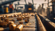 ©  Begnat - Industrial close-up of natural wood pellets on a conveyor belt in a biomass fuel production plant with blurred workers and machinery in the background