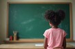 © Vadym - African american girl from back sits in classroom. Little female student with afro pigtails looks at empty green chalkboard. Pupil at desk during lesson in elementary school. Kid ready to learn,