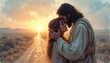 © Vadym - Jesus embraces woman on dusty desert road during sunset. Provides comfort, showing compassion, spiritual grace. Faces close, sharing moment of divine love, peace. Scene shows faith journey, hope.