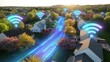 © TechAnimationStock - Wifi over modern American houses. Golden hour sunset with futuristic neighborhood. Wifi internet connected broadband in suburban town. Internet of things. Aerial. Graphic