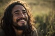 © Darcraft - Smiling man with long wavy hair and beard looks upward in a sunlit outdoor setting, creating a warm and serene atmosphere. His joyful expression radiates happiness and peacefulness
