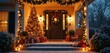 © Vadym - Christmas decorated house exterior at night. Entrance porch features a lit xmas tree, wreath on door, gifts, and warm fairy lights. Snow covers ground, inviting holiday atmosphere.