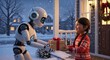 © kilimni - Human-like robot delivers christmas gift box and gives it to indian girl in christmas sweater on festive snowy porch. Convenience and efficiency of technology. Positive impact of robotics on life