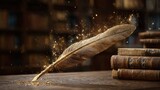 A golden quill pen is poised on a wooden surface surrounded by ancient books radiating sparkles of creativity.
