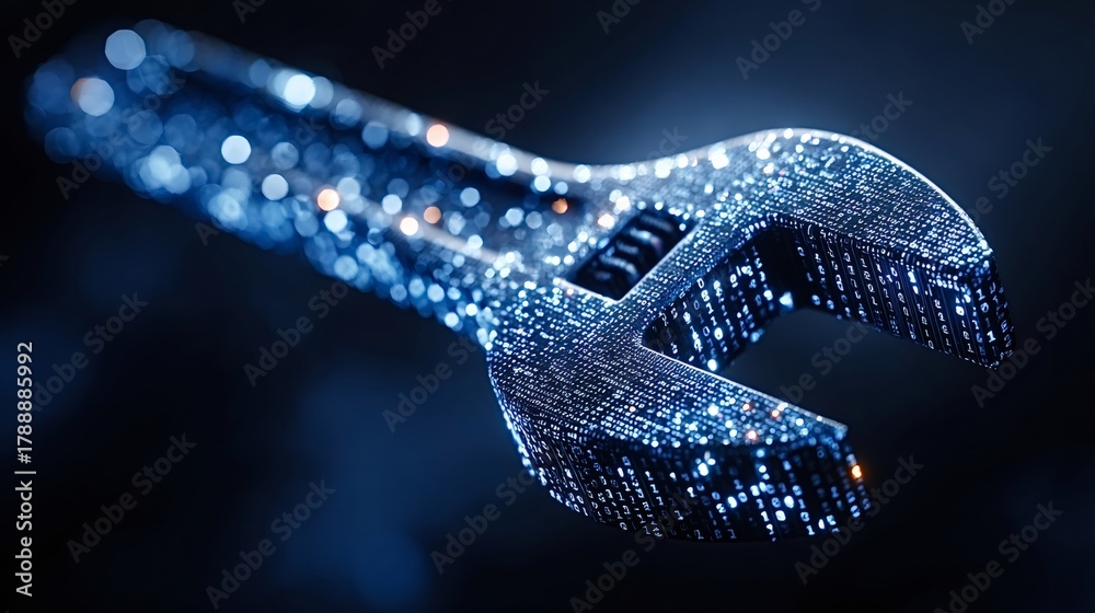 Digital wrench formed by binary code and glowing particles ...
