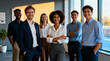 © Favio - Group of diverse smiling business professionals standing together in a modern office reception area near a bright window showing successful teamwork and corporate leadership.