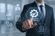 © The Little Hut - Quality Assurance Illustration: Businessman Touching Holographic Screen Interface with Gear, Checklist, and Quality Assurance Text