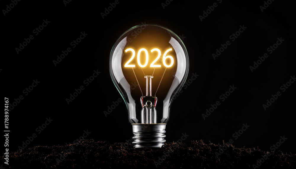 Glowing light bulb with 2026 inside symbolizes innovation and future ...