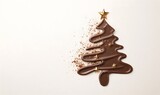 Chocolate christmas tree with gold stars and cocoa powder, representing festive holiday season sweets. Copy space