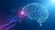 © DA Dermawan - 4k, A human hand interacts with a glowing digital brain made of connected dots and lines in a conceptual illustration against a vibrant dark blue gradient backdrop.