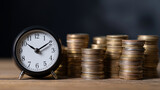 Time is money concept clock and coins stack financial investment wealth