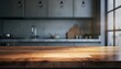 © YNG - Wooden table top for product display with blurred modern kitchen interior