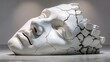 © PBMasterDesign - Minimalist Sculpture of cracked head holding face symbolizing stress concept. A striking cracked sculpture of a serene human face in a gallery.