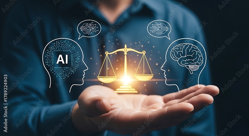 Balancing ai and human intelligence with ethical justice scale Stock ...