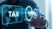 © Pixample - Digital global tax concept with hand touching percentage icons.