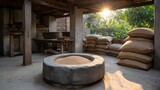 Rustic grain mill interior with stone mortar burlap sacks and warm sunlight streaming in