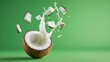 © slotzstock - Halved coconut with white milk splashing out Several coconut pieces float in the air Vibrant green background
