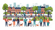 © Jangkrik - Diverse community enjoying a vibrant neighborhood with houses, trees, and people walking, cycling, and interacting.
