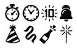 © peppastocker - Countdown Celebration Icons. Countdown Celebration Icons silhouette icon set: stopwatch, ticking clock, glowing numbers, alarm bell, party hat, streamer, champagne bottle, sparkler