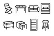 © peppastocker - Compact Furniture Icons. Compact Furniture Designs linear icon set: folding chair, extendable table, modular sofa, wall bed, storage bench, nesting tables, bookshelf, stool.