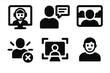 © peppastocker - AI Call Feature Icons. AI Video Call silhouette icon set: virtual assistant, real-time transcription, background blur, noise cancellation icon, auto framing camera, smart avatar.