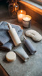 © inayah - A gentle, aesthetically arranged flat lay of nighttime facial cleansers and soaps on a bathroom countertop or vanity. Include items like foaming cleansers, creamy facial soap bars, and a soft face