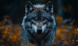 Powerful wild gray wolf with piercing orange eyes gazing directly forward