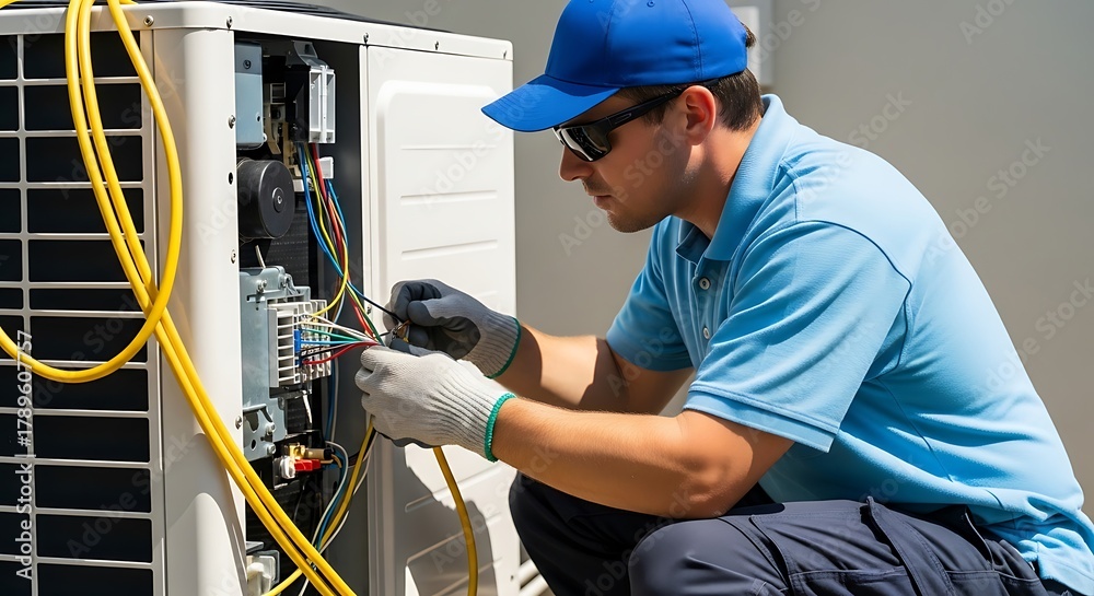 Hvac technician working on an outdoor air conditioning unit, checking ...