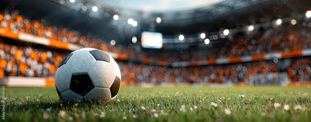 Soccer ball on a grassy field in front of a large stadium filled with ...