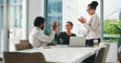 © peopleimages.com - Laptop, high five and business people in office for celebration, finance report and collaboration. Tech, website and financial advisors with investment proposal, deal and congratulations in workplace