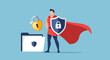 © Fendi - Digital data protection concept with a superhero guardian ensuring secure files, representing robust online safety and cyber defense against threats