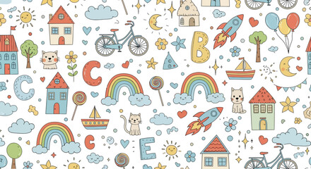  Childlike Doodle Pattern with Rainbows Rockets Cats Houses on White Background