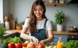 © li - Beautiful young woman is preparing vegetable salad in the kitchen. Healthy Food. Vegan Salad. Diet. Dieting Concept. Healthy Lifestyle. Cooking At Home. Prepare Food. Cutting ingredients on table