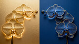 Decorative orchid flowers in gold and blue lighting on background  