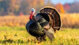 A colorful turkey stands proud in a field with autumn foliage blurred in the background, facing left