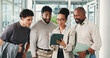 © peopleimages.com - Excited, team and people with tablet, office and review ad results on website, good news and online. Happy, colleagues and collaboration for digital marketing, discussion and meeting for campaign
