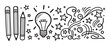 © Mr. Stocker - Hand drawn sketch of the creative process from pencils to a lightbulb idea. Imagination and innovation concept shown with abstract swirls, stars, and doodle elements