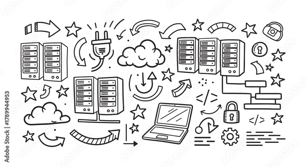 Hand drawn doodle collection of technology icons for web hosting and ...