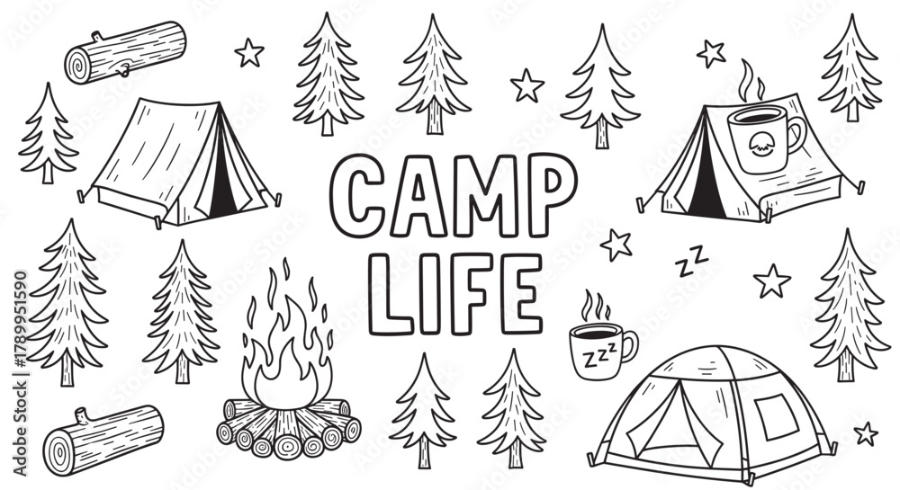 Camp life doodle set with hand drawn elements for outdoor adventure ...