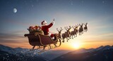 Santa Claus in sleigh with reindeer flying over mountain landscape at sunset