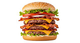 Delicious towering hamburger with multiple layers of ingredients.