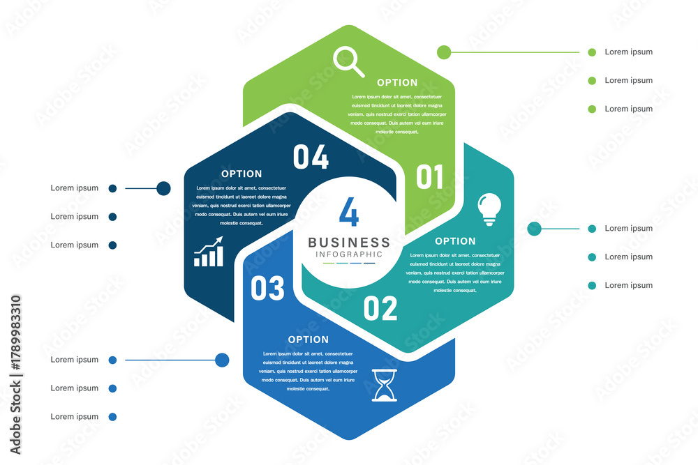 4 Option Business Infographic with Hexagonal Layout and Color Coded ...