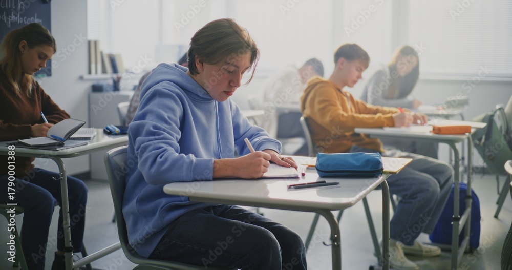 Young Boy Concentrates on Writing Task in Class. Other Students Working ...
