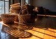 © IbragimovN - Sunlit woven baskets casting shadows on shiny wooden floor in rustic interior