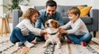 © IbragimovN - Happy family bonding time: father and children playing with dog on cozy living room carpet
